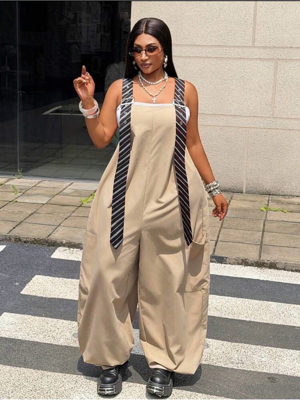 SHEIN Beige Wide-Leg Jumpsuit with Black Striped Tie Straps